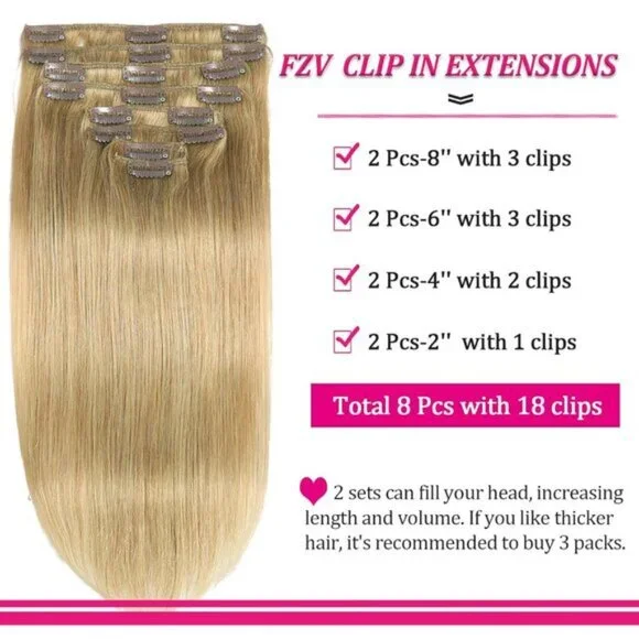 New Clip-In Hair Extensions 120g 8pcs Blonde Kinky Straight Human Hair 20 #613